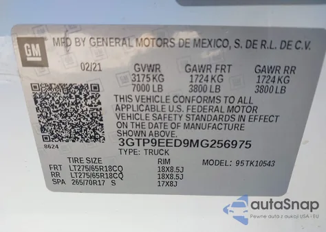 2021 GMC Sierra 1500 4Wd Short Box At4 z USA, uszkodzony, nr VIN 3GTP9EED9MG256975